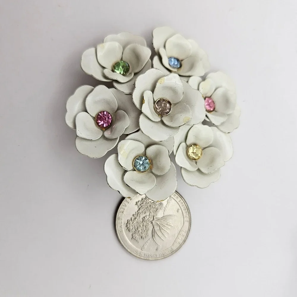 Vintage White Enamel Flower Cluster Clip On Earrings Multi Color Rhinestone 60s